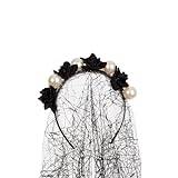 Hpory Halloween ros blomma pannband falsk pärla huvudbonad med svart slöja gotisk pannband karneval fest hårtillbehör