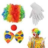 MisFun 4 Bitar Clown Kostym Set Clown Accessoarer, Peruk Lockigt hår Clown Näsa Clown Vit Flush Cosplay Partyhandskar Maskerad Carnival Circus