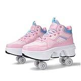 Rullskridskor skor med hjul justerbar quad kick rullskridskor för kvinnor 2 i 1 inline skridskor deformation tränare för barns gåva Pink-36EU