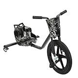 Drift Trike, 360 grader, pedal, gokart för barn, uppkörbar leksak för barn från 6 år, småbarn, stort hjul på trehjuling (svart – blixt)