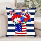 1pc Cross-Border New Arrival Pillowcase (Without Pillow Core) Freedom Day Red & Blue Striped Seat Back Cushion Cover, Linen Decorative Pillow For Bedr