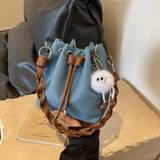 SHEIN Pendant Bucket Bag Drawstring Closure Simple Casual Denim Woven Single Shoulder Bucket Bag Crossbody Bag