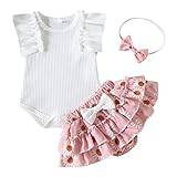 Småbarn flickor flugärm solida toppar och himmelstryck kjol pannband 3 delar vardaglig kostym kläder babykläder lillasyster