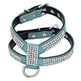 Crystal Diamond Justerbart PU-läder Bling Rhinestone-husdjursprodukter Hundsele koppel Halsband-blå, M