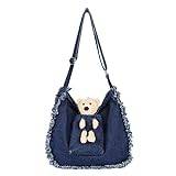 LYEAA Simple Travel Bag Denim Casual Sling Bag med Mini Bear Stor kapacitet Daglig Working Shopping Bag (Mörkblå)