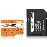 iDiskk 128 GB microSDXC-kort + SD-adapter, Micro SD A2, höghastighetslagringskort 170 MB/s, UHS-I, klass 10, U3, V30, Full HD 4K UHD, TF-kort för telefoner, surfplattor, Nintendo-Switch Dash Cam
