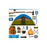Summer outdoor travel camping icons tourism hiking recreation campfire and nature vacation forest adventure backpack equipment vector illustration.
