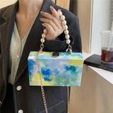 Blue Sky And Ocean Oil Painting Colorful Metal Chain Shoulder Bag, Faux Pearl & Rhinestone Decor Handbag & Clutch Wallet For Daily Use, Traveling And