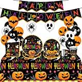 Aurasky Halloween festservisset, 64 stycken halloweenbordsdekorationer, papperstallrikar muggar servetter, bordsduk banderoll ballonger, halloween bordsdekoration