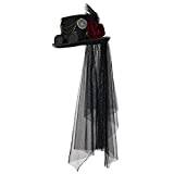 Unisex svart steampunk topp hattar med glasögon gotisk viktoriansk spets slöja fjäderhatt (58 cm / 22,8 tum, svart)