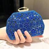 Blue Shiny Rhinestone-Studded Hollow-Out Evening Clutch, Mini Box-Shaped Small Handbag, Irregular Shape Bag, Suitable For Parties, Dances, Weddings, F