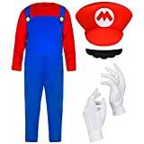 AOMIG Mario kostymer, 4-pack Mario Cosplay kostymtillbehörssatser med bodysuit, luigi hattar keps, mustascher, vita handskar, Mario Luigi Bros Fancy Dress Outfit Kostym för kvinnor män (röd)