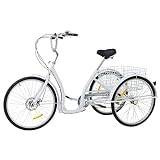 26 tums vuxentrehjuling, 6-växlad trehjuling, 3-hjulingar vita cyklar med stor korg, lastkapacitet på 120 kg, för utomhus/shopping/fritid/picknick