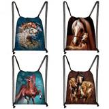 Animal Horse Print Drawstring Bag Women Fashion Storage Bag for Travel Backpack Girls Bookbag Shoes Holder
