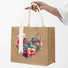 1PC Summer New Heart -Shaped Flower Pattern Linea Todot Bag.Women Linen High-Capacity,Multifunctional Tote Bag,Lightweight Linen Shopping Bag,Fashiona