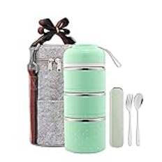 VIPAVA Bento lådor Lunch Box med Insulated Lunch Bag, Bento Box stapelbar Stainless Steel Lunch Storage Containers, 3 lager med isolerade väska för varm mat Pink (färg: grön)(Color:Green)