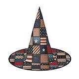 Häxhattar för kvinnor, vuxna häxor trollkarl halloween cosplay tillbehör, amerikansk flagga lappverk spetsiga häxor hatt