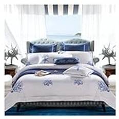 Blue Embroidery White Duvet Cover set Premium Egyptian Cotton Silky Soft Bedding Set Deep Pocket Fitted sheet Super/USKing Queen, Luxury Bed in a Bag (King Size 4pcs)