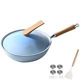 GUUFUFA Traktörpanna Sauterad panna med lock, formgjuten fritstekpanna Nonstick, 12,6 tums djup stekpanna Non-Stick kockpanna, wok för matlagning, induktionsbar,Blue