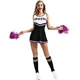 Cheerleader Kvinnor Sport High School Cheer Girl Uniform Maskeraddräkt outfit med pompoms (svart, L)