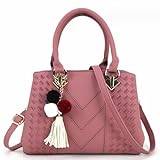 AlwaySky kvinnor topphandtag handväska vävt mönster skolväska handväska konstläder axelväska med hänge, Gummi rosa, en storlek
