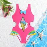 SHEIN Young Girls' One-Piece Swimsuit With Ice Cream Pattern And Hollow-Out Detail Summer Swimming,Beach