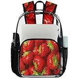 GeMeFv jordgubbe klar ryggsäck, kraftig transparent ryggsäck med datorfack för kvinnor män arbete resor (färsk frukt), Jordgubbe, 17.7 H x 11.2 L x 6.2 W inches