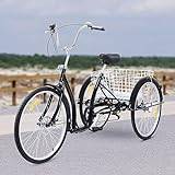 Aohuada Traditionell trehjuling för vuxna 26 tums seniorer cykel 6-växlad växel 3 hjul trehjuling Trike Cruise med cykelshoppingkorg, vit/svart (svart)