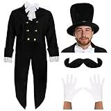 Posh viktoriansk herrkostym – medium – svart viktoriansk jacka, vit kravatt, plysch topp hatt (60 cm huvudstorlek), vita handskar och mustasch – historisk viktoriansk maskeraddräkt