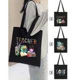 1 Pieces, Teacher's Day Black Canvas Tote Bag, Globe, Backpack, Pencil, Stationery, TEACHER Letter Print,Reusable Handbag, Women's Simple Travel Bag,