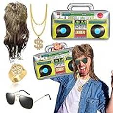 BIQIQI karneval karneval kostym 5-i-1 vokuhila set med vokuhila peruk uppblåsbar radio boombox solglasögon guldkedja ring guld dollar 80-talet 90-tals festtillbehör rappare tillbehör hip hop kostym