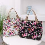 Fashion Floral Print Tote Bag, Portable Canvas Lunch Bag, Women's Casual Handbag & Bento Mommy Bag For Picnic Travel