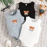 3pcs Infant's "happy Bear" Print Bodysuit, Comfy Sleeveless Onesie, Baby Boy's Clothing, As Gift