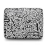ÖGON -DESIGNS- Smart Case Aluminium Plånbok V2 stort ID-kortformat, körkort dolt fack för mynt RFID-skydd kapacitet 10 kort, Keith Haring White gravyr, Taille unique, Minimalistisk