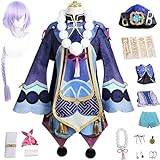 Genshin Impact Cosplay-dräkt för flickor,Spelkaraktär Qiqi Maskeraduniform med tillbehör Peruk,Maskeradklänning för Halloween Kimono-mantel för flickor,Blue,M