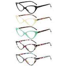 KOOSUFA Kattögon läsglasögon kvinnor fjädergångjärn mode kattglasögon läshjälp retro designer anti-trötthet läsglasögon med styrka 1,0 1,5 2,0 2,5 3,0 3,5 4,0, Set med 5 färger, 1.5