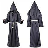 Medieval Hooded Monk Cloak Halloween Men's Costume Robes Monk Robe Wizard Priest Cosplay Costume Cloak (Color : Dark gray, Size : M)