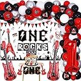 One Rocks 1:a födelsedagsdekorationer, Rock and Roll-tillbehör för första födelsedagsfesten, Born To Rock-ballong, girlangbågsats, en stenar, bakgrund, tårtdekoration för musiktema, festdekor