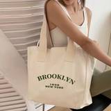 Simple Canvas Tote Bag, Women's Large Capacity Handbag Versatile Letter Detail Shoulder Bag