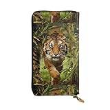 Tiger in The Jungle unisex läder dragkedja plånbok sminkväska för fest resor högtidspresenter, Svart, En storlek