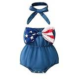 biJerou 4 juli baby-flickkläder, babylekdräkt med amerikansk flagga, ärmlös, rygglös, volang, kropp, pannband, klädset bodys set flickor, blå, 6-12 Månader