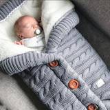 Baby Winter Warm Sleeping Bags Soft Thick Knitted Wool Button Swaddle Blanket Girls Boys Stroller Wrap Baby Accessory - Gray