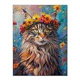 Artery8 Hippy Maine Coon Cat in Flower Crown Fun Abstract For Living Room Large Wall Art Poster Print Thick Paper 18X24 Inch