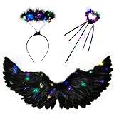Goenb Lysande änglavingar, 80 x 40 cm, LED-ängel, kostym för kvinnor, änglavingar, svart, ljus, änglavingar, änglar, vingar, kostym med helgebevis och trollstav för karneval, maskerad