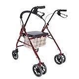 Walkers Walkers Walker Ramar för äldre kvinnor med 4 stora hjul, säte och bromsar, robust hopfällbar vertikal rullare, shoppingvagn med justerbar höjd, röd