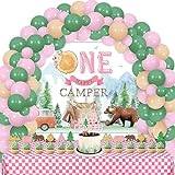 One Happy Camper födelsedagsdekorationer flicka – salvia grön rosa ballong girlang kit, en Happy Camper bakgrund, bordsskydd, tårtdekorationer, rosa 'Let 's Go Camping' äventyr första födelsedagen