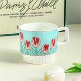 SHEIN 1PCS Blue 200ml Tulip Flower Ceramic Mug Cup Lovely Maiden Sense Water Cup Couple Style Coffee Cup Kitchen Drinkware Creative Mugs Cute