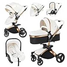 Standardvagnar Barnvagn 3-i-1 trehjuling baby Walker hög landskap barnvagn hopfällbar barnvagn babyvagn babyvagn för baby 0-36 (Vit)