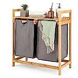 COSTWAY Tvättkorg 2 fack, tvättsorterare bambu, med hylla, utdragbar tvättkorg, för badrum, vardagsrum och sovrum