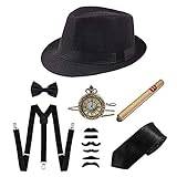 1920-talet Gatsby Gangster halloween tillbehör set Manhattan Fedora hatt hängslen nyhetspojke keps förbunden fluga fickur (7 st set B, set)